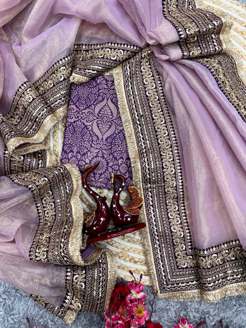 Women's Luxurious Mauve & Purple Art Silk Saree with Intricate Golden Zari & Broad Embroidered Border β Complete with Brocade Blouse for Festive & Wedding Wear - Image 5