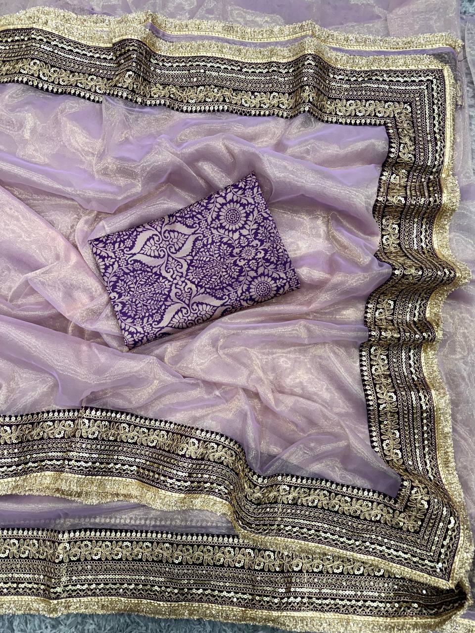 Women's Luxurious Mauve & Purple Art Silk Saree with Intricate Golden Zari & Broad Embroidered Border β Complete with Brocade Blouse for Festive & Wedding Wear - Image 3