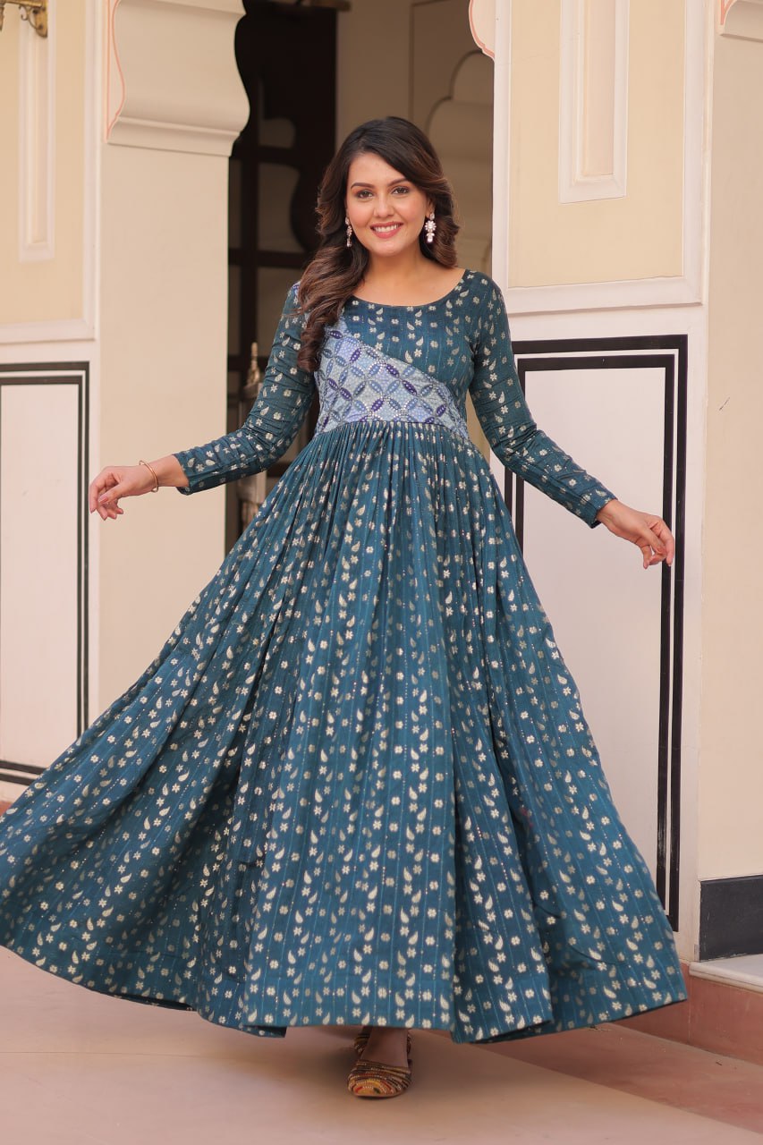 Women's Cotton Printed Anarkali Gown Dress with Embroidered Yoke Design - Image 5