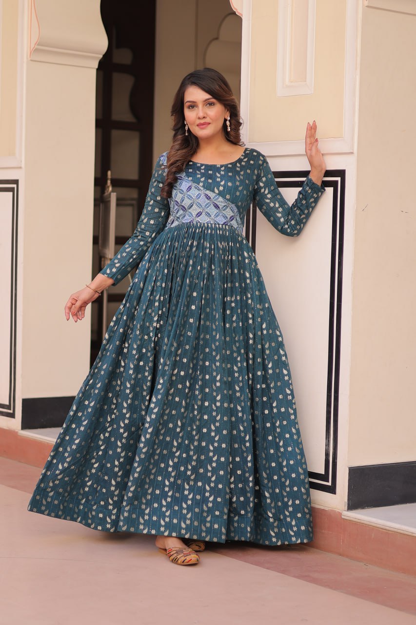 Women's Cotton Printed Anarkali Gown Dress with Embroidered Yoke Design - Image 6