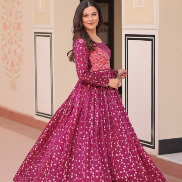 Women's Cotton Printed Anarkali Gown Dress with Embroidered Yoke Design