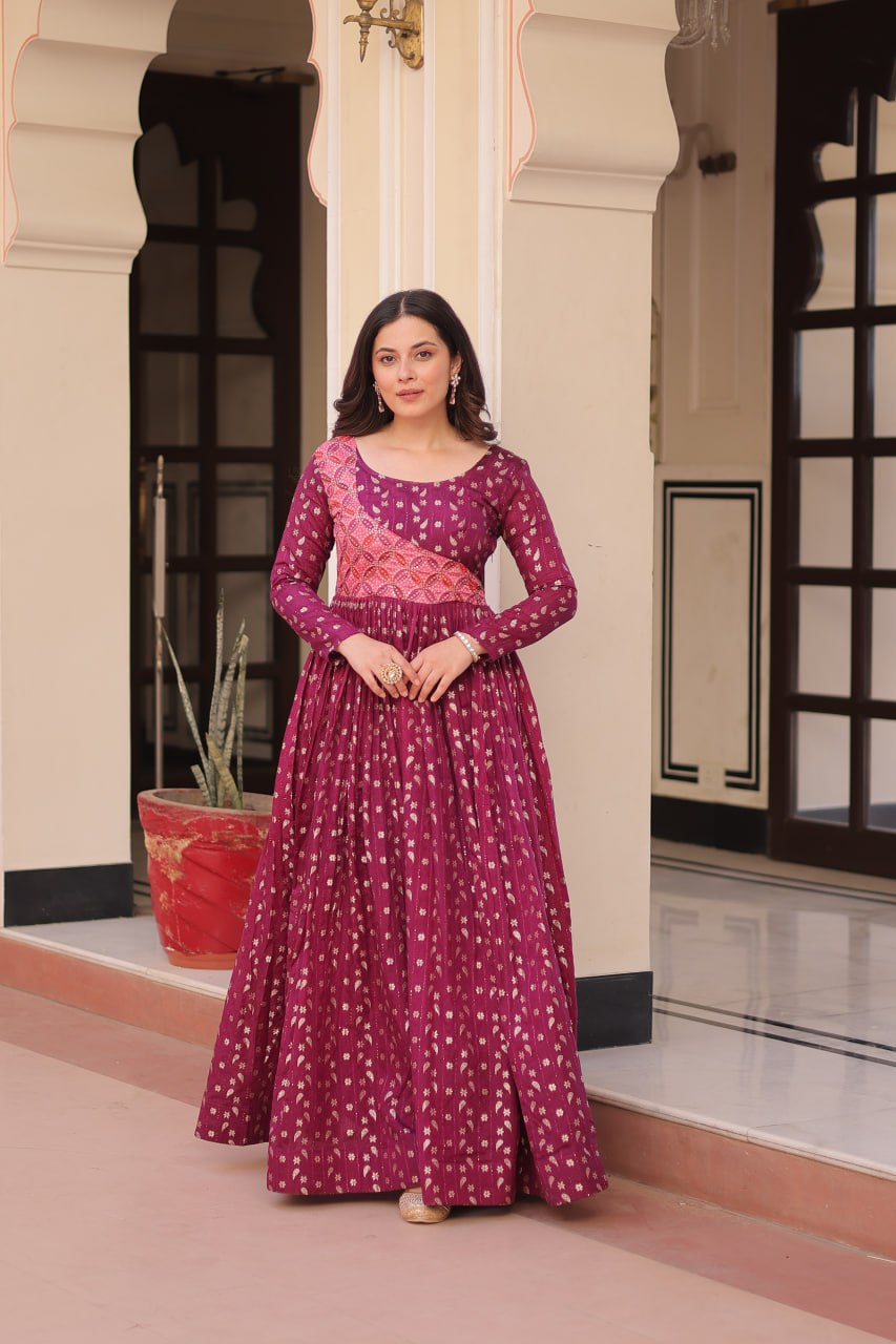 Women's Cotton Printed Anarkali Gown Dress with Embroidered Yoke Design - Image 19