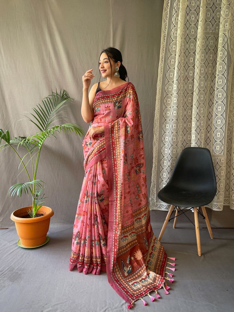 Women's Artistic Terracotta Orange Linen Saree with Kalamkari Inspired Print & Tassel Detailing β Perfect for Casual Festivities & Cultural Events - Image 5