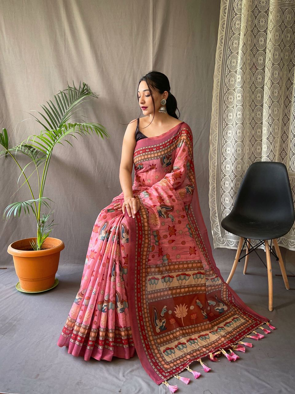 Women's Artistic Terracotta Orange Linen Saree with Kalamkari Inspired Print & Tassel Detailing β Perfect for Casual Festivities & Cultural Events - Image 7