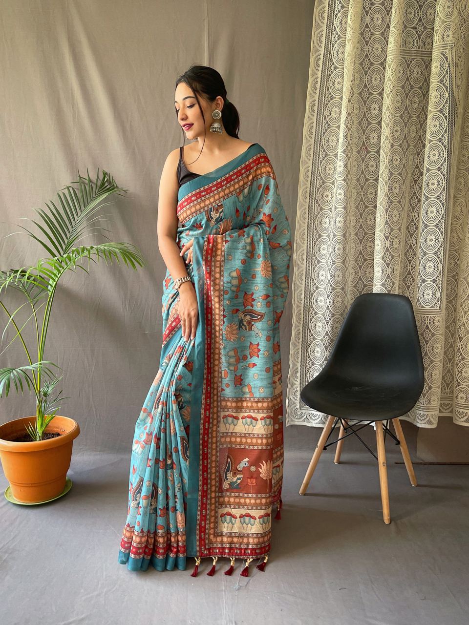 Women's Artistic Terracotta Orange Linen Saree with Kalamkari Inspired Print & Tassel Detailing β Perfect for Casual Festivities & Cultural Events - Image 11