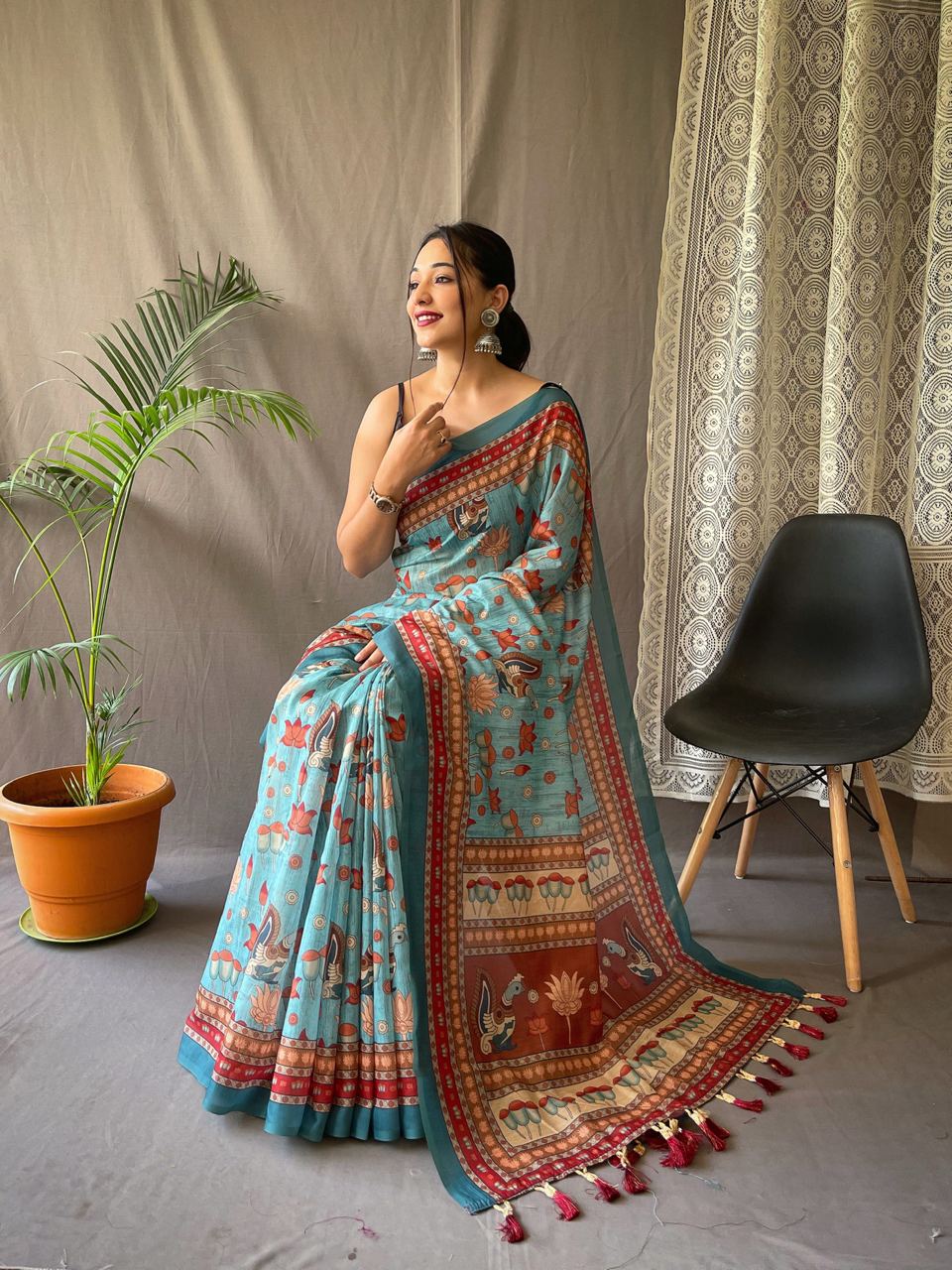 Women's Artistic Terracotta Orange Linen Saree with Kalamkari Inspired Print & Tassel Detailing β Perfect for Casual Festivities & Cultural Events - Image 12
