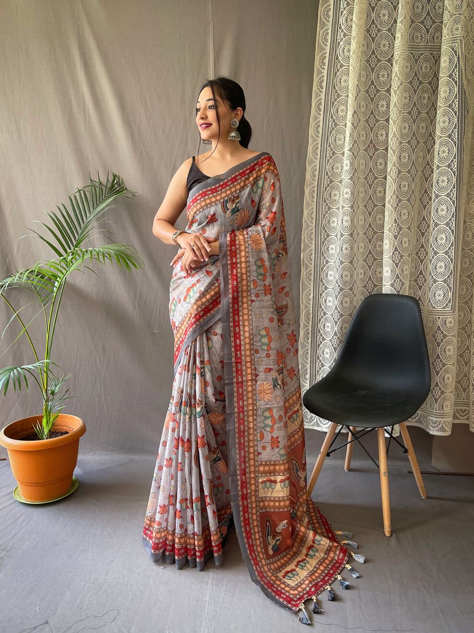 Women's Artistic Terracotta Orange Linen Saree with Kalamkari Inspired Print & Tassel Detailing β Perfect for Casual Festivities & Cultural Events - Image 9