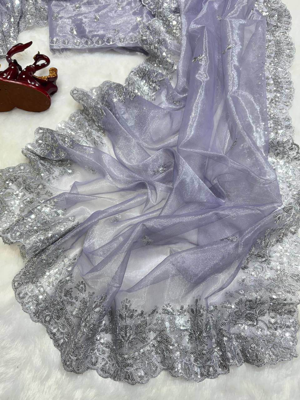 Women's Dreamy Lavender Twill Net Saree with All-Over Silver Sequin & Thread Embroidery β Complete with Heavily Worked Border for Festive & Wedding Wear - Image 7