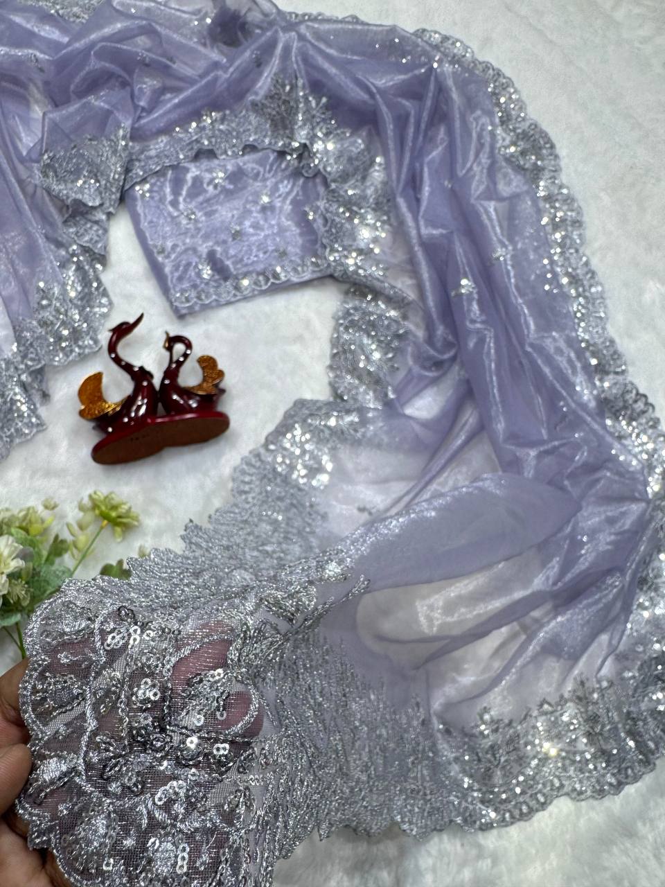 Women's Dreamy Lavender Twill Net Saree with All-Over Silver Sequin & Thread Embroidery β Complete with Heavily Worked Border for Festive & Wedding Wear - Image 6
