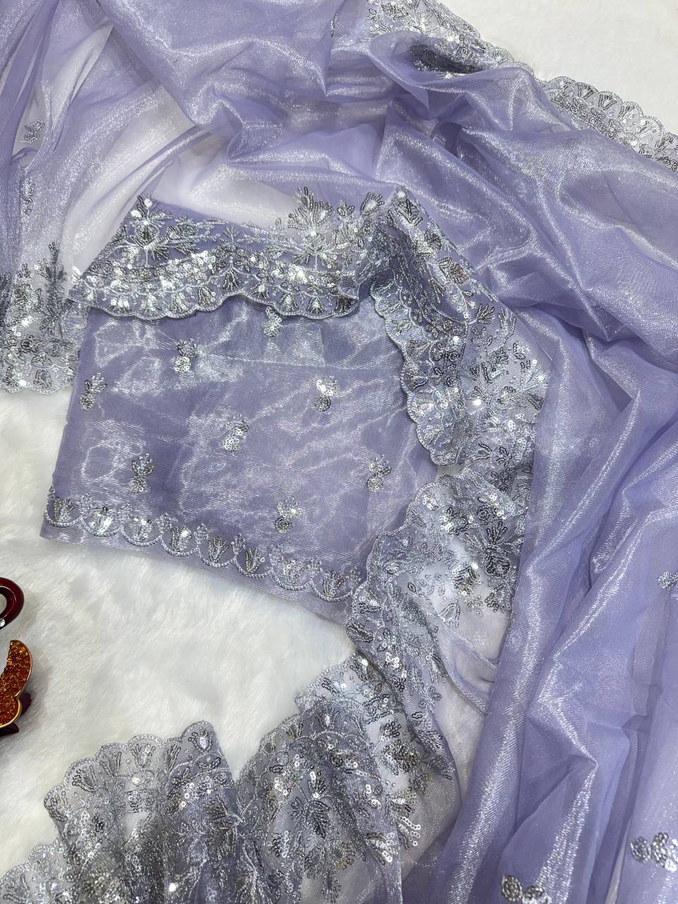 Women's Dreamy Lavender Twill Net Saree with All-Over Silver Sequin & Thread Embroidery β Complete with Heavily Worked Border for Festive & Wedding Wear - Image 5