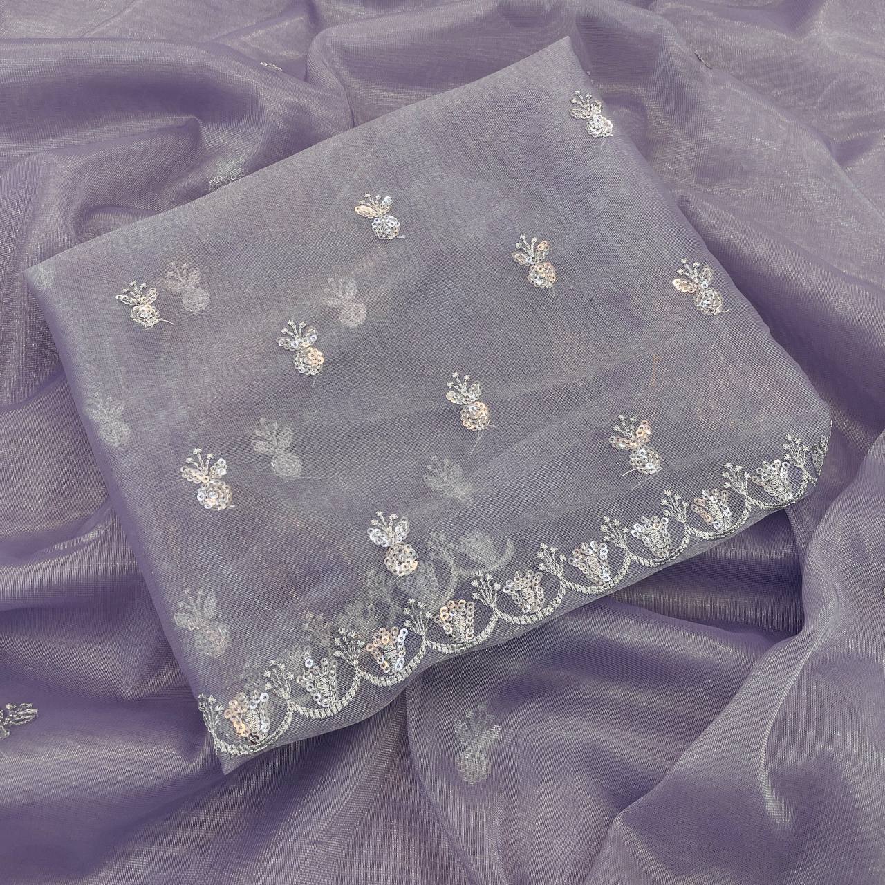 Women's Dreamy Lavender Twill Net Saree with All-Over Silver Sequin & Thread Embroidery β Complete with Heavily Worked Border for Festive & Wedding Wear - Image 3