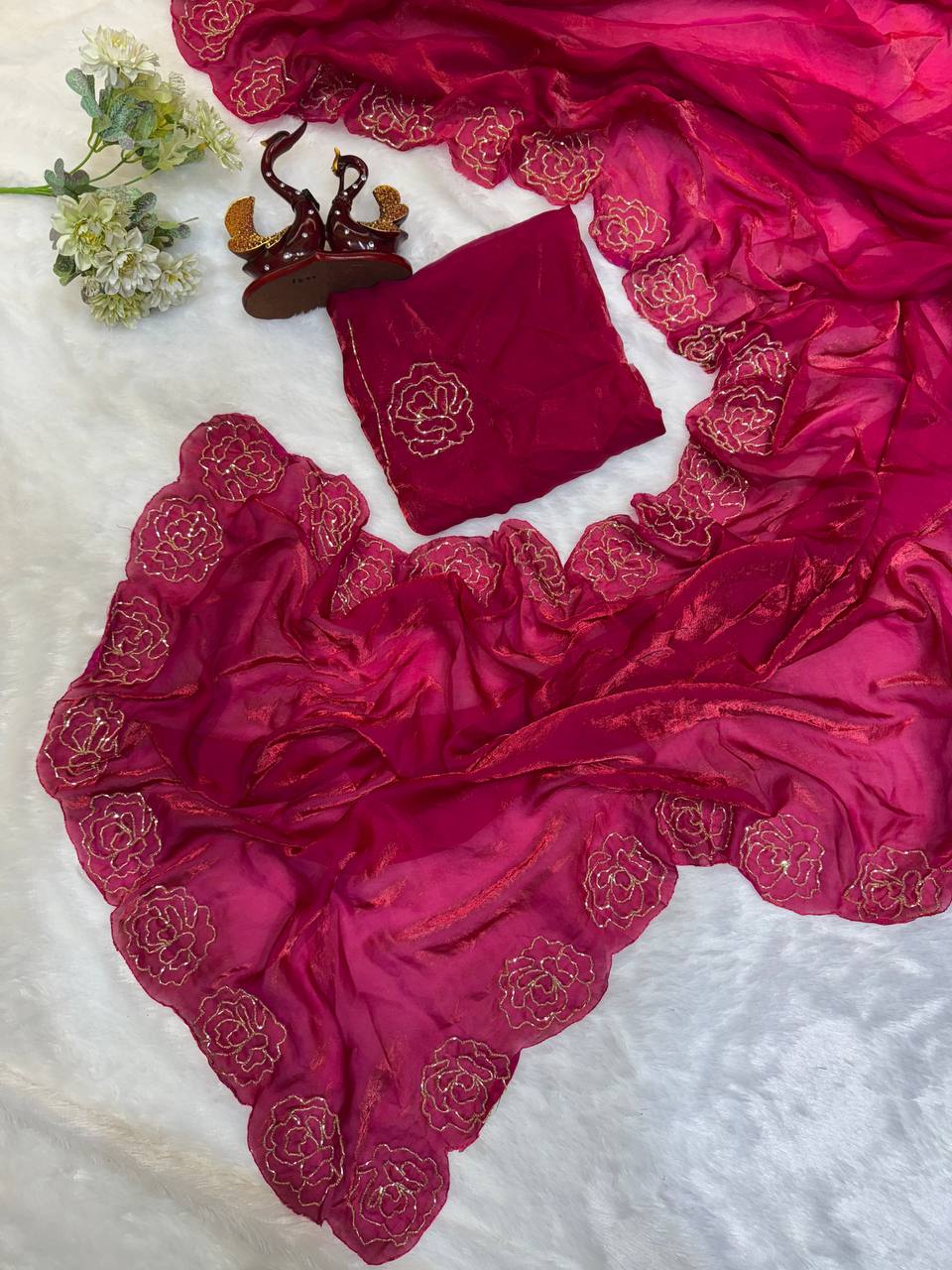 Women's Pure Soft Fendy Satin Saree with Full Floral Handwork Design & Running Blouse Piece β Available in Multiple Colors for Festive & Casual Wear - Image 3