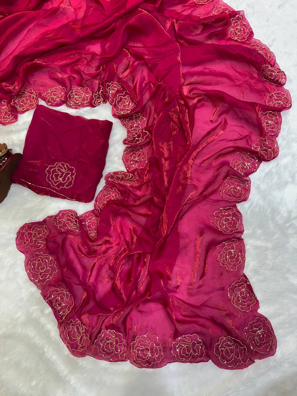 Women's Pure Soft Fendy Satin Saree with Full Floral Handwork Design & Running Blouse Piece β Available in Multiple Colors for Festive & Casual Wear - Image 5