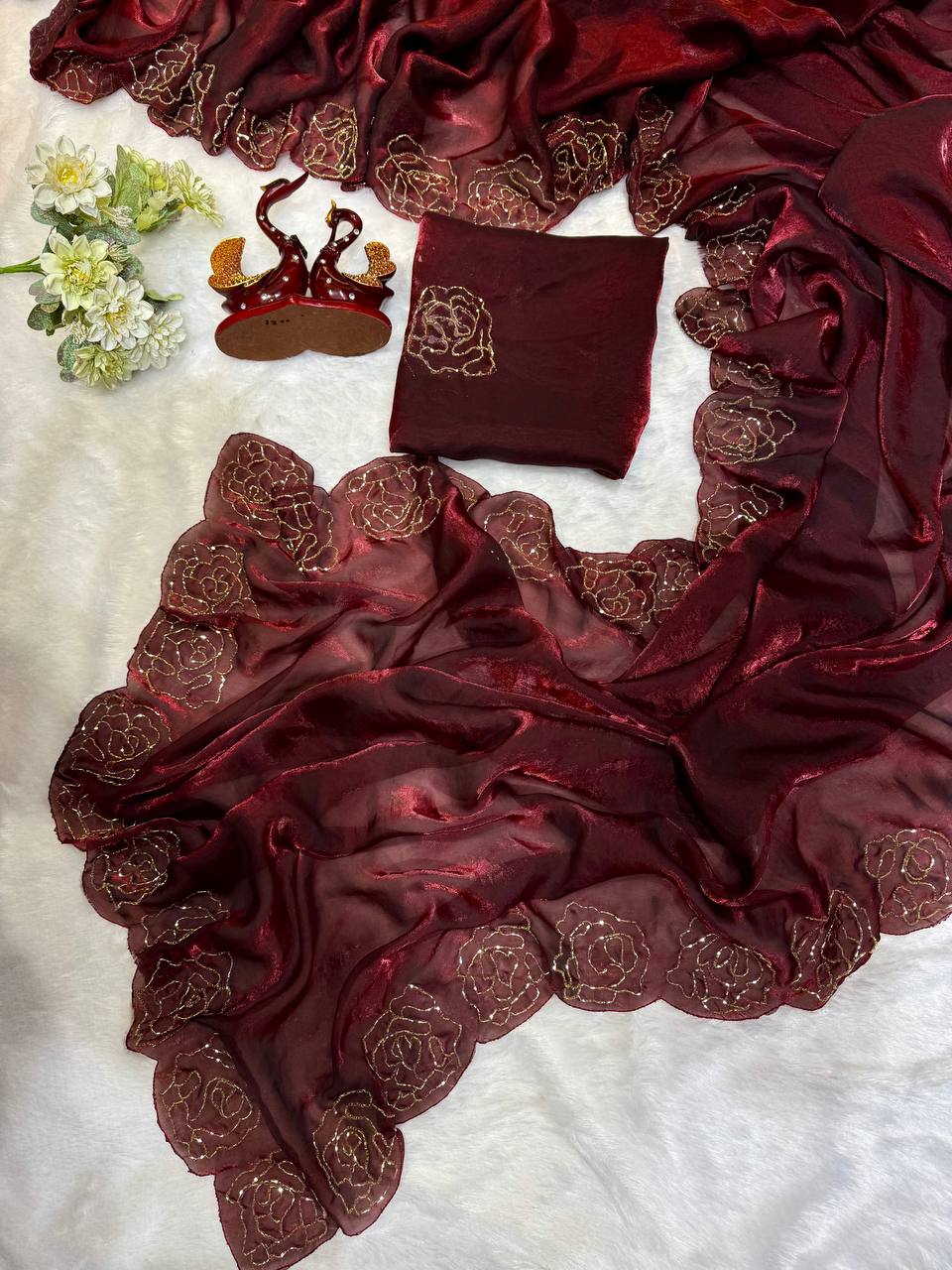 Women's Pure Soft Fendy Satin Saree with Full Floral Handwork Design & Running Blouse Piece β Available in Multiple Colors for Festive & Casual Wear - Image 9