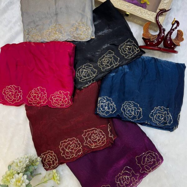 Women's Pure Soft Fendy Satin Saree with Full Floral Handwork Design & Running Blouse Piece β Available in Multiple Colors for Festive & Casual Wear