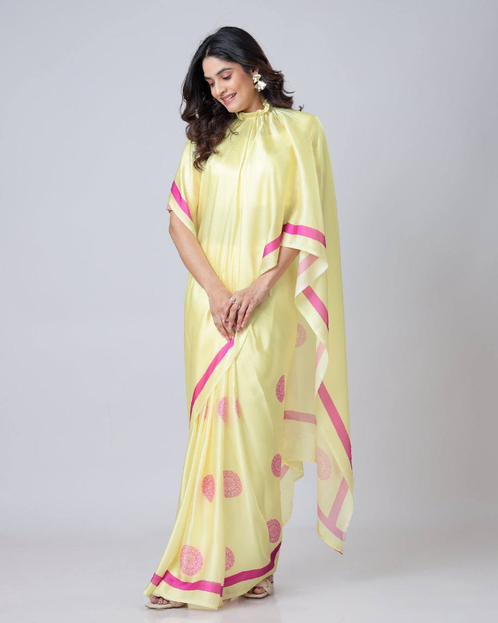 Women's Vibrant Lemon Yellow Satin Silk Kaftan Saree with Multi-Color Digital Print Yoke & Border Design - Image 10