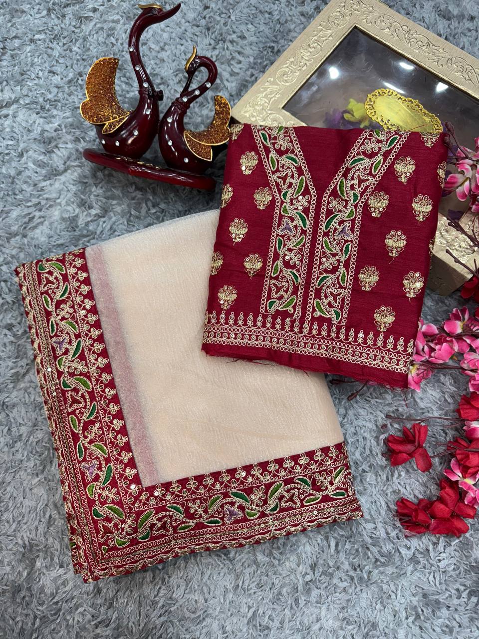 Women's Elegant Cream Georgette/Chiffon Saree with Maroon Zari & Thread Work Border β Paired with Heavy Embroidered Blouse for Wedding & Festive Wear - Image 4