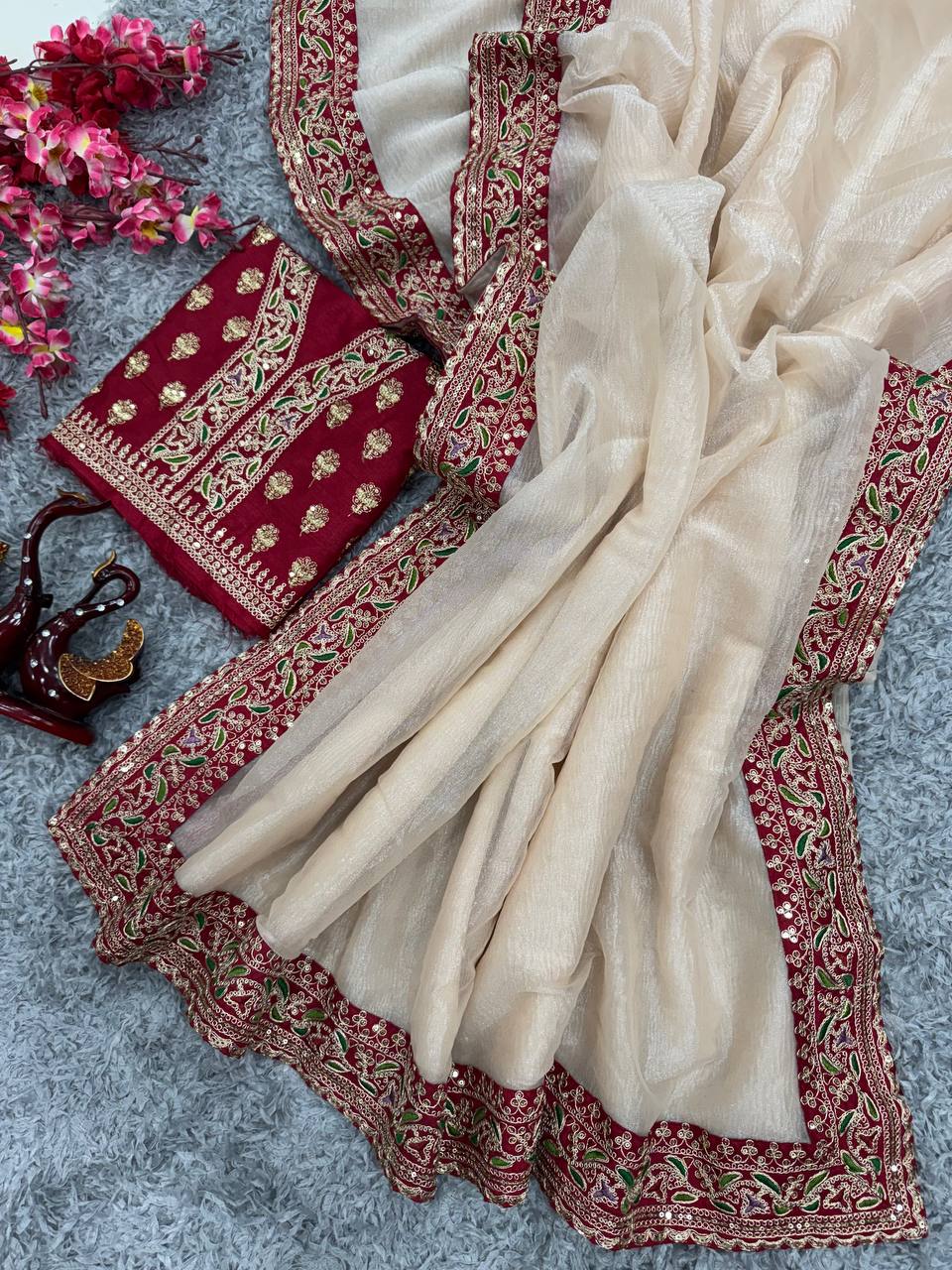 Women's Elegant Cream Georgette/Chiffon Saree with Maroon Zari & Thread Work Border β Paired with Heavy Embroidered Blouse for Wedding & Festive Wear - Image 6