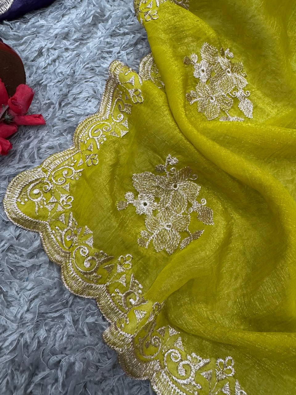 Women's Radiant Lime Yellow Organza Saree with Intricate Gold Zari Embroidery & Scalloped Border β Complete with Blouse Piece for Festive & Party Wear - Image 5