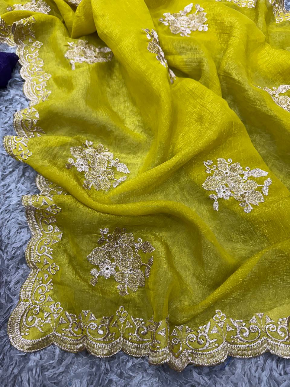 Women's Radiant Lime Yellow Organza Saree with Intricate Gold Zari Embroidery & Scalloped Border β Complete with Blouse Piece for Festive & Party Wear - Image 2